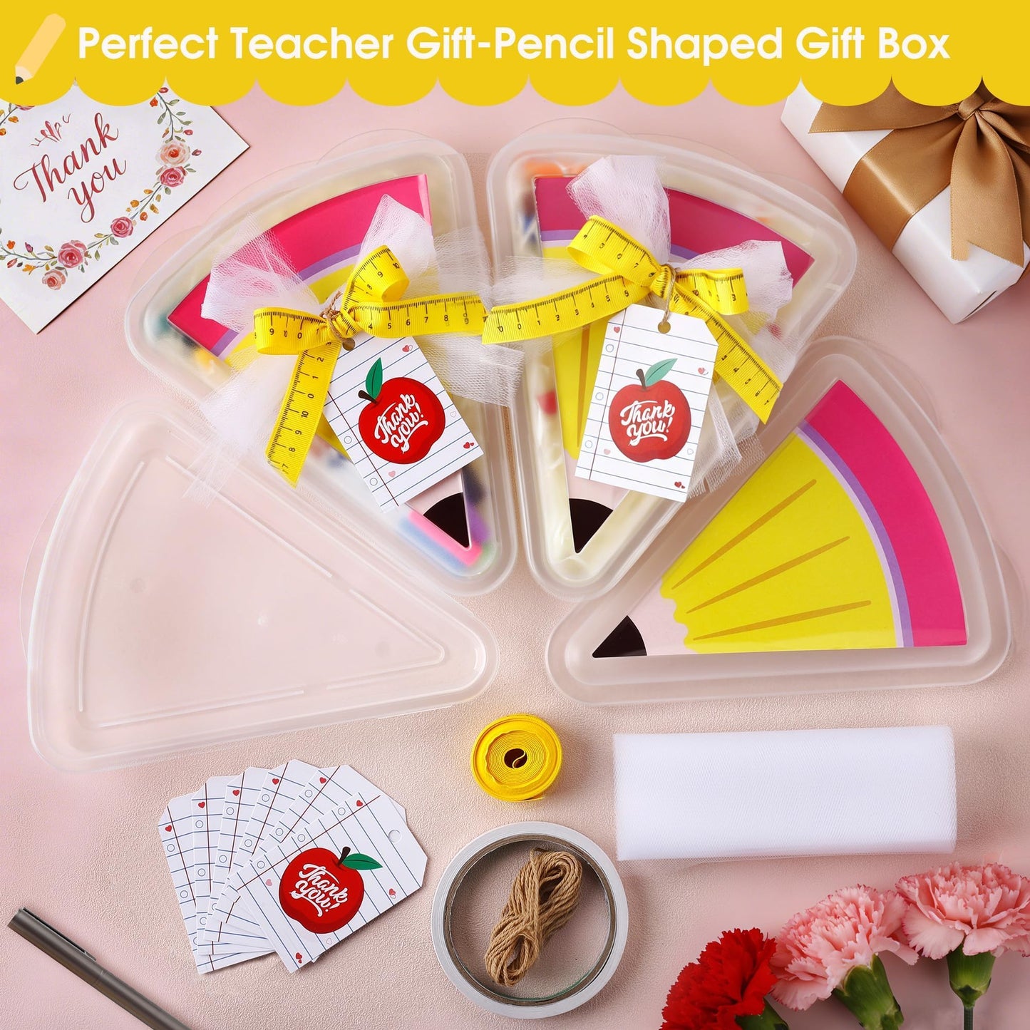 6 Set 9.05*7.28 in Large Teacher Appreciation Gifts Box with Apple Cards Ruler Ribbon Mesh, Reusable Pizza Storage Containers with Lids, Pencil Shaped Gift Box for Wrapping Teacher Appreciation