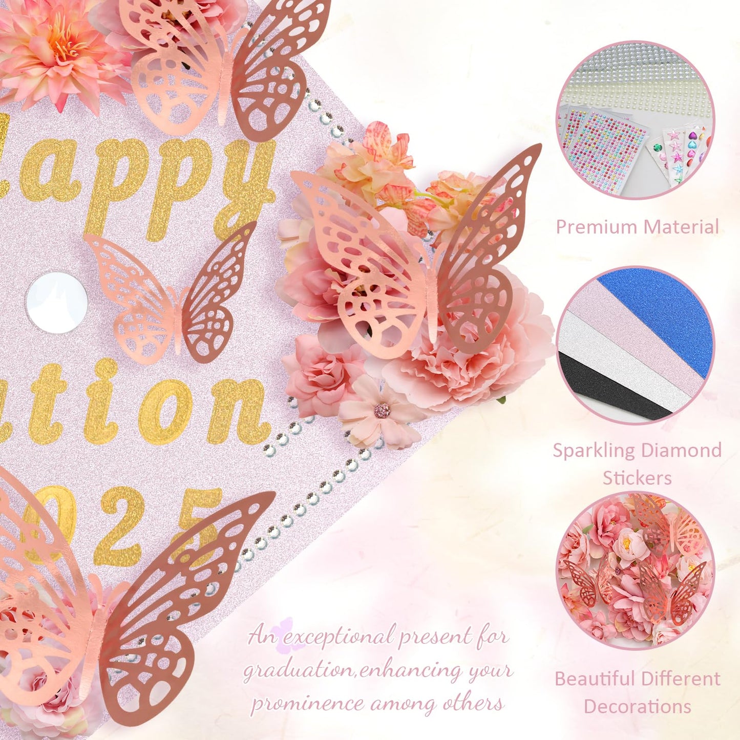 ZYNERY Graduation Cap Decorations Kit Grad Cap Topper Decor Includes Glitter Paper 3D Butterfly Faux Flower Letters Stickers, Cap Decorations for DIY Graduation Cap Topper (Pink)