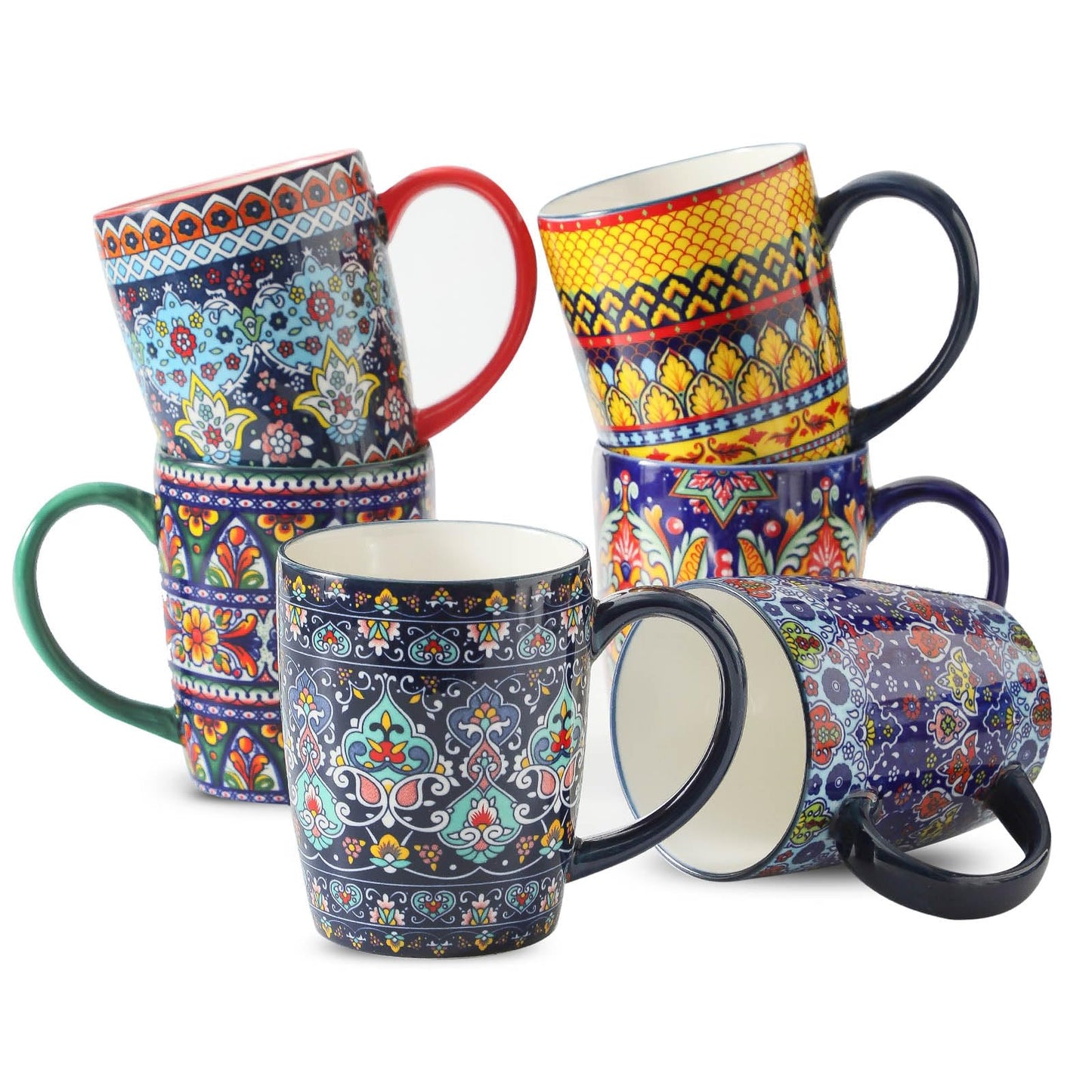 glowworm Coffee Mugs Set of 6, 16 oz Ceramic Coffee Mug with Handle, Large Coffee Cups for Latte, Cappuccino, Milk Dishwasher & Microwave Safe, Bohemian
