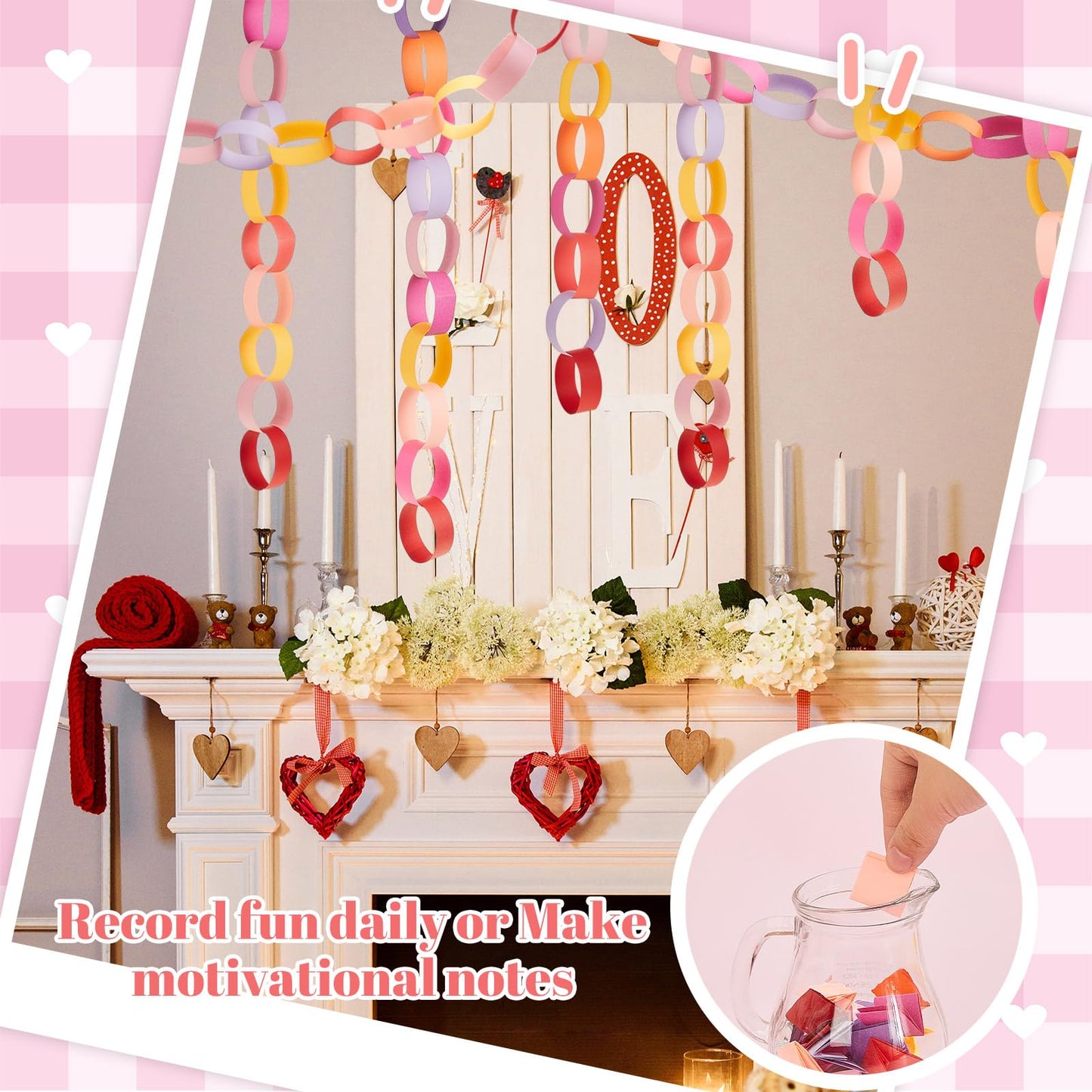 Lincia 1000 Sheet Paper Chain Garland Strips 1x8 Inch with Double Sided Tape, DIY Construction Paper Chains for Birthday Wedding Holiday Party Decorations, Crafts Supplies (Valentine)