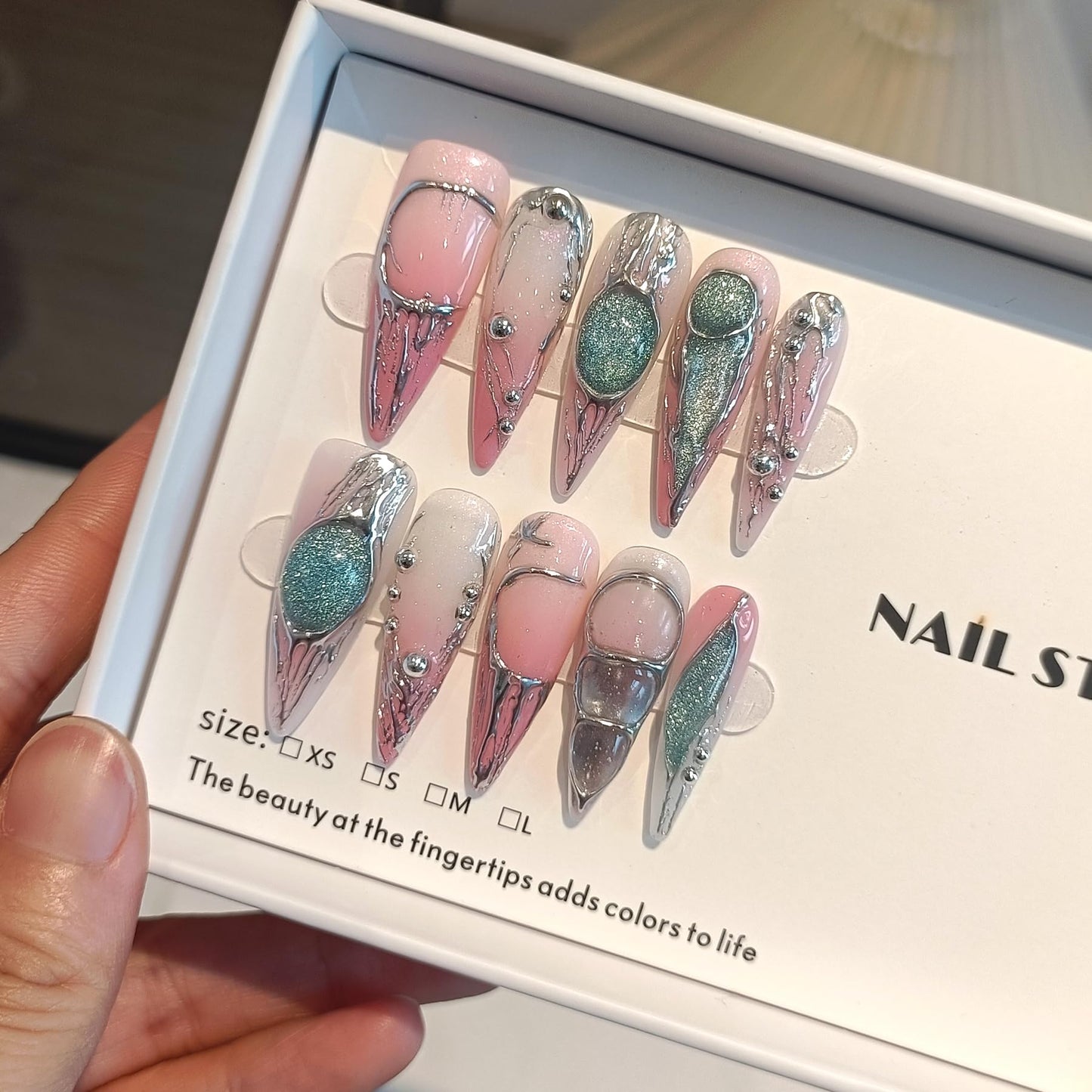 TENPAL Long Stiletto Press on Nails,Pink-Silver Holographic Gradient Hand-Painted Moons Fake Nails with 10pcs Tools,3D Cat Eye Glitter False Nails,Edgy Meteors Design Sweet-Edge Metal Nails(S)