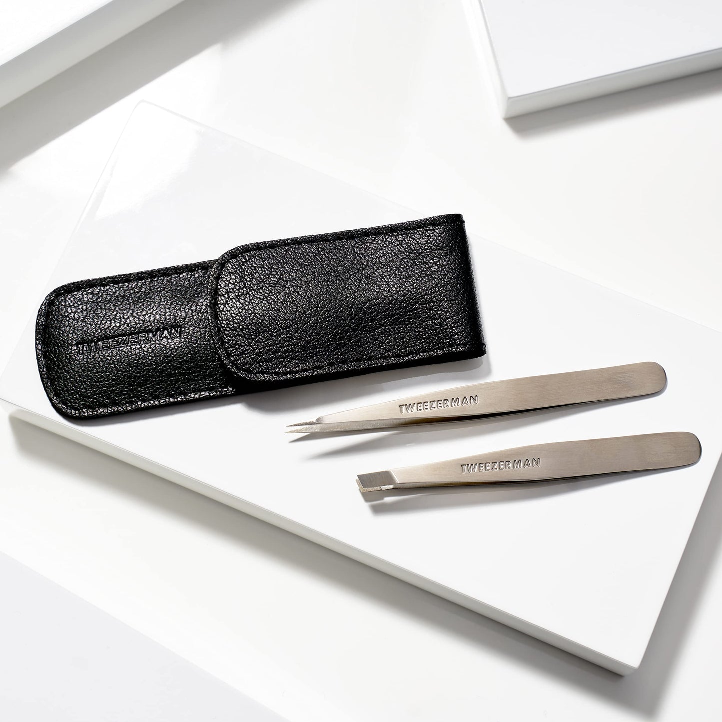 Tweezerman Petite Tweeze Set with Travel Case - Point and Slant Tweezers, Tweezers for Travel (Black Case)