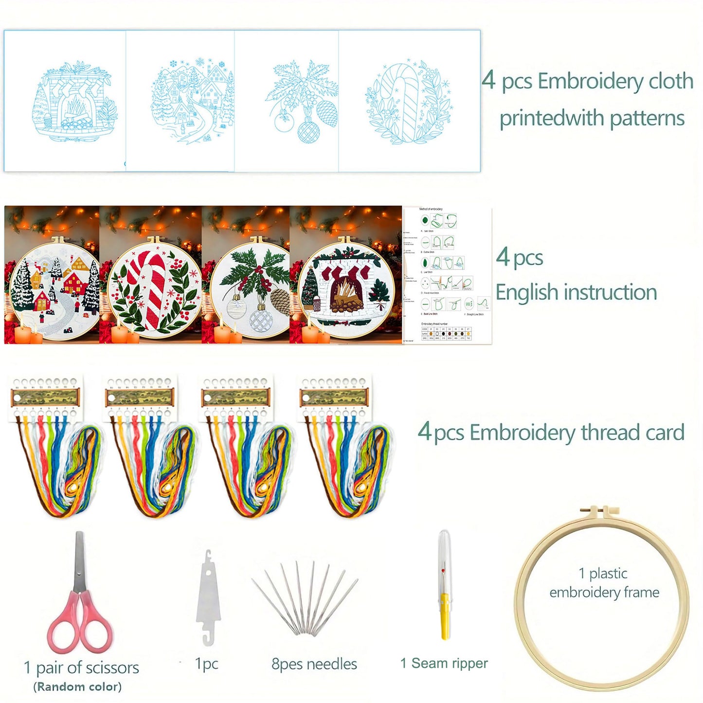 Zhenqing Christmas Embroidery Kit for Beginners - 4 Piece 29x29cm Round Designs with Embroidery Hoop, Threads & Tools (Snowy Cabin, Fireplace, Candy Cane, Holly)(C0066)