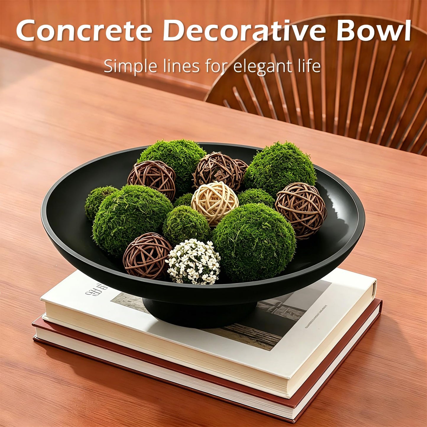 Large Fruit Bowl for Kitchen Counter, Concrete Decorative Bowls for Home Decor, Modern Key Bowl for Entryway Table (Black)