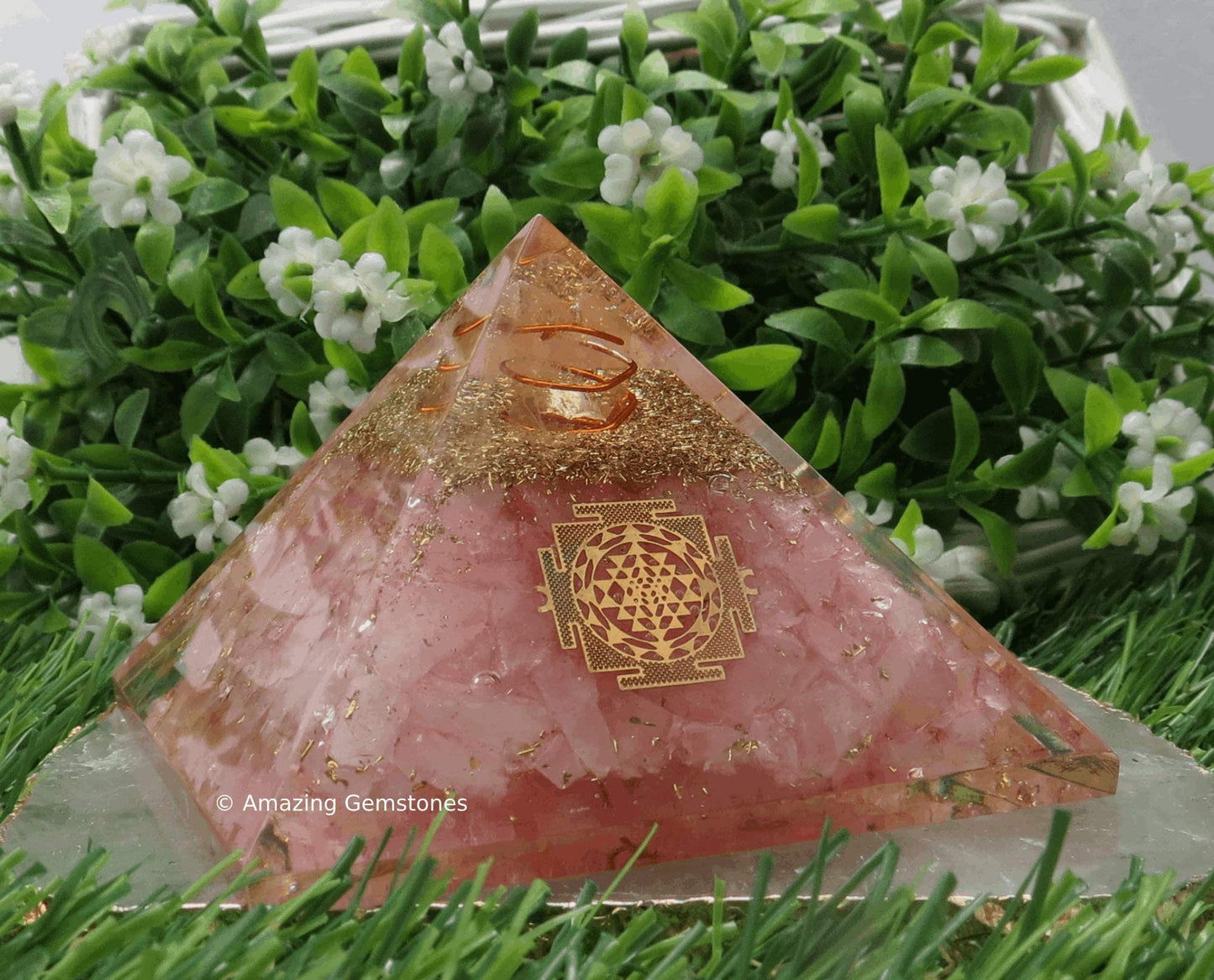 Amazing Gemstone Large Rose Quartz Orgone Pyramid Crystal, Sri Yantra Orgonite Pyramid - Positive Energy Healing