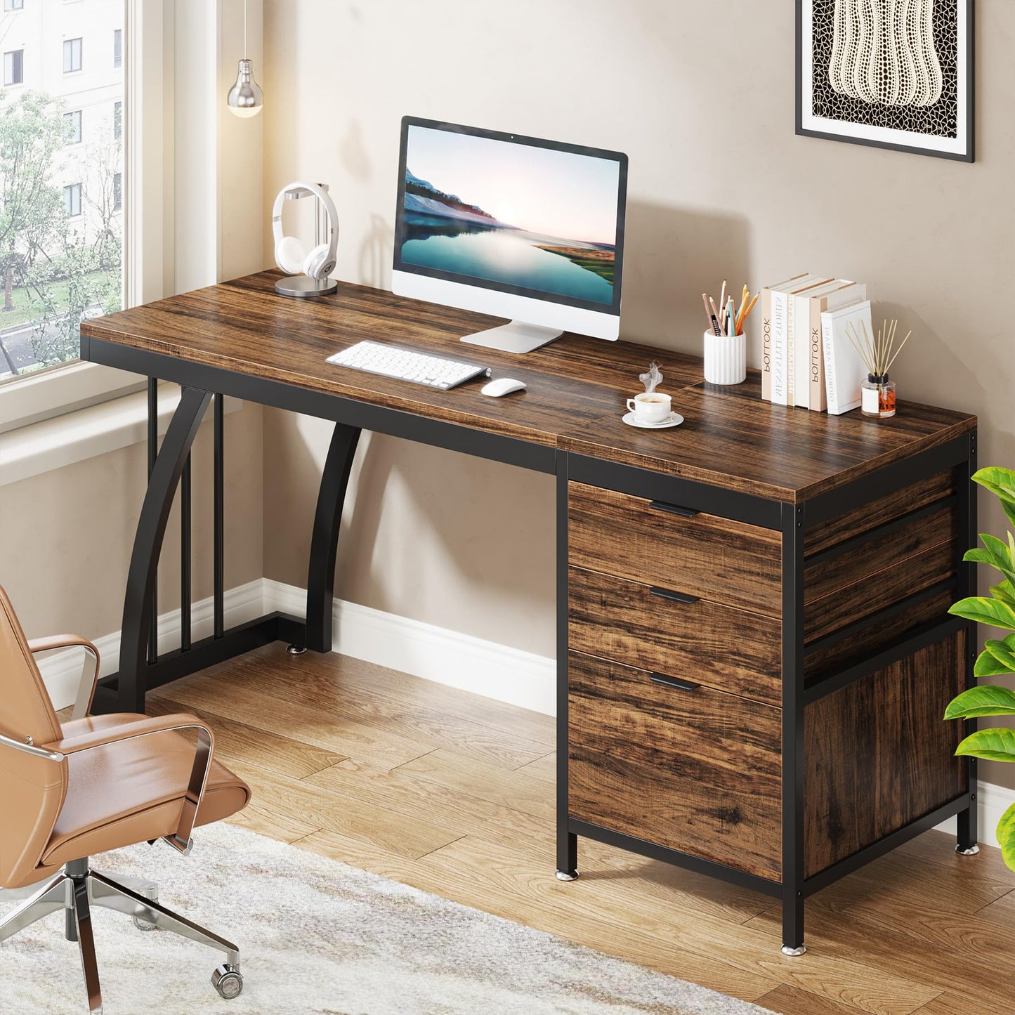 Tribesigns Computer Desk with 3 Drawers, 59-Inch PC Desk with Reversible Drawers, Industrial Study Writing Table Workstation with File Storage for Home Office, Rustic Brown