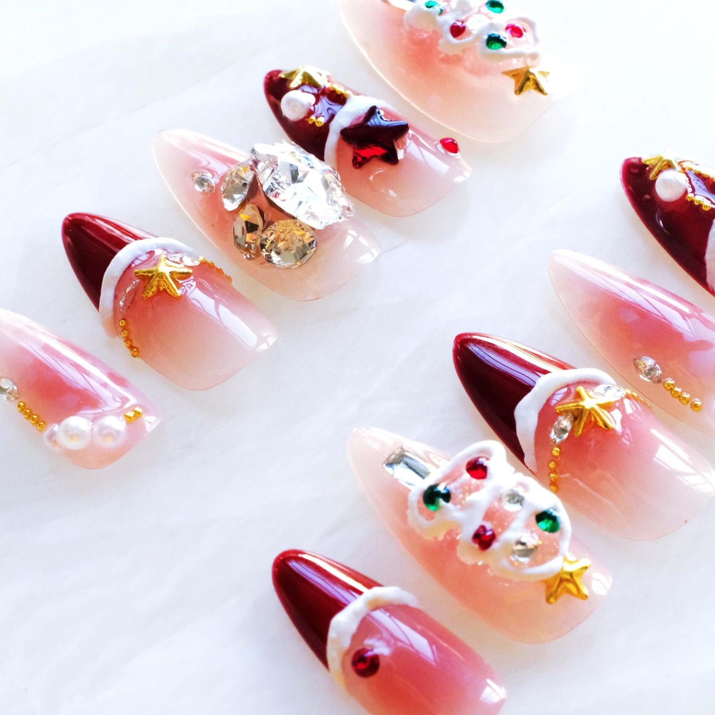 GLORS Christmas Press-on Nails, Medium Length Almond Shape, 3D Design with Snowflakes and Trees, Red and Pink, 10 Pieces (Small, Almond)
