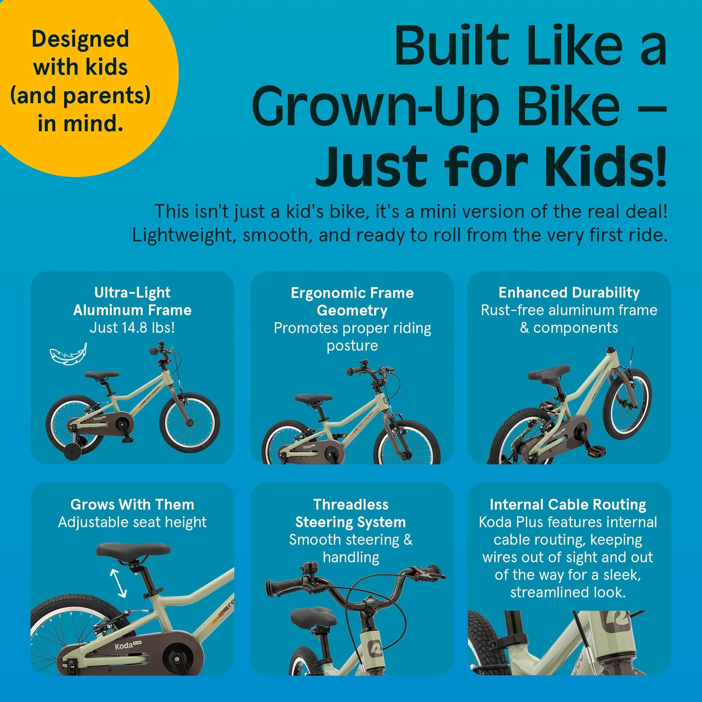 Retrospec Koda Plus 16in Kids Bike with Training Wheels - Adjustable Seat & Handlebars for Ages 4-6 - Lightweight 18.5lb Girls & Boys Bicycle with v-Brakes