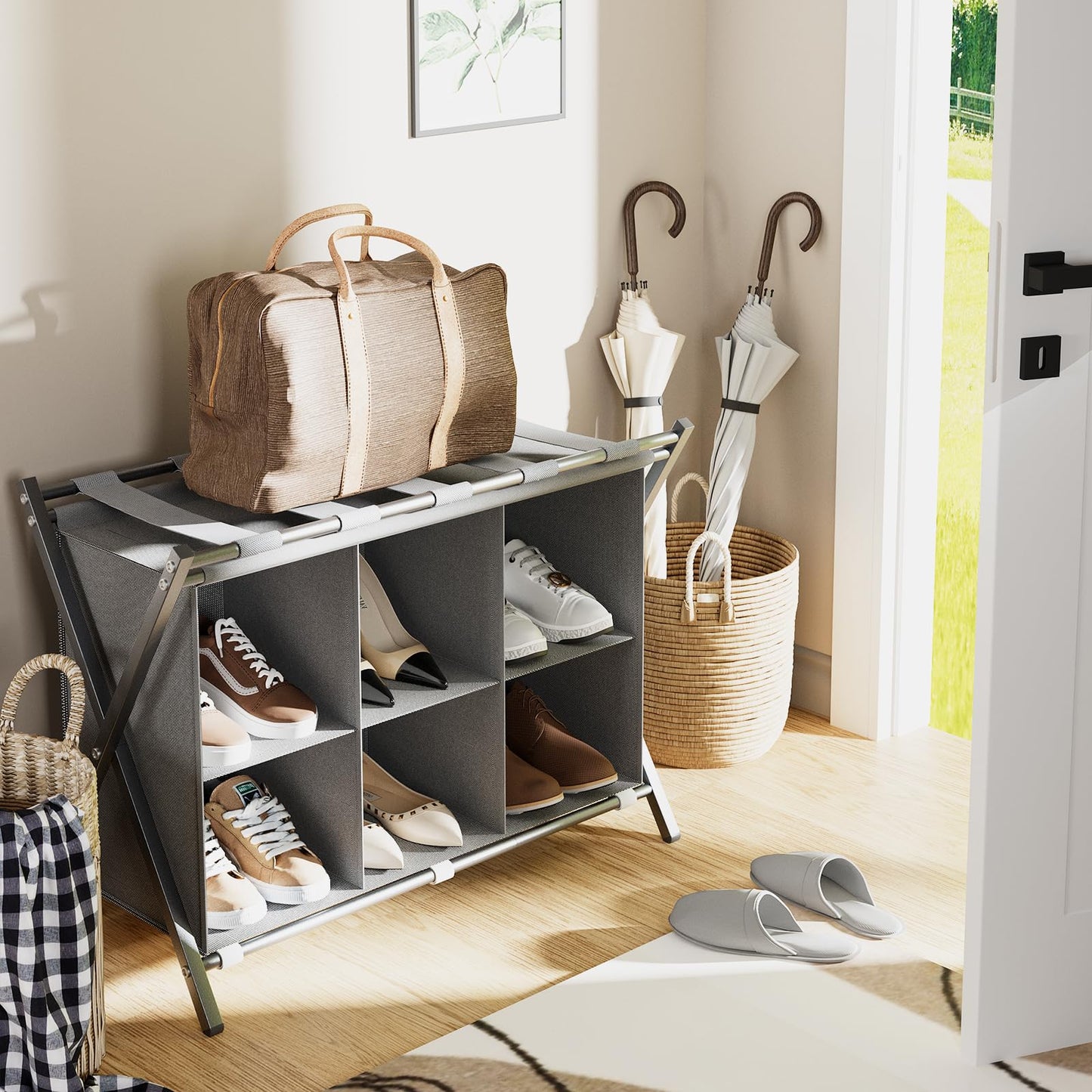 Huhote Luggage Rack for Guest Room, Folding Suitcase Stand with 6-Cube Fabric Storage Shelf, Luggage Holder, Steel Foldable Luggage Stand for Guest Room, Bedroom, Hotel, Grey