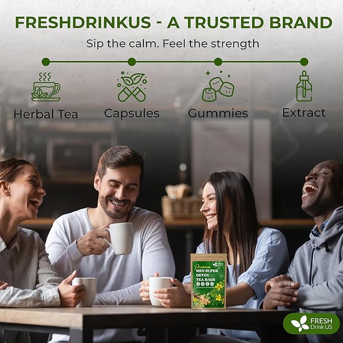 FreshDrinkUS, Premium 75 Tea Bags Men Super Detox Tea – Herbal Blend with Senna, Dandelion Root, Ginger, Peppermint & More – 100% Natural, Sugar-Free. Caffeine-Free. Gluten-Free. Vegan
