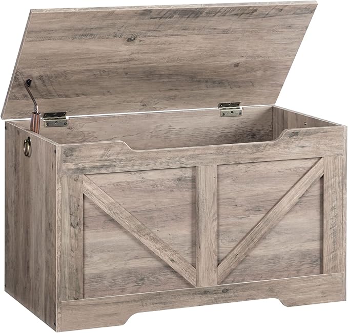 HOOBRO Storage Bench, 29.5” Retro Wooden Storage Chest with U-Shaped Cut-Out Pull, Safety Hinge, Supports 220 lb and Easy Assembly for Toy Box Organizer (Greige) BG77CW01