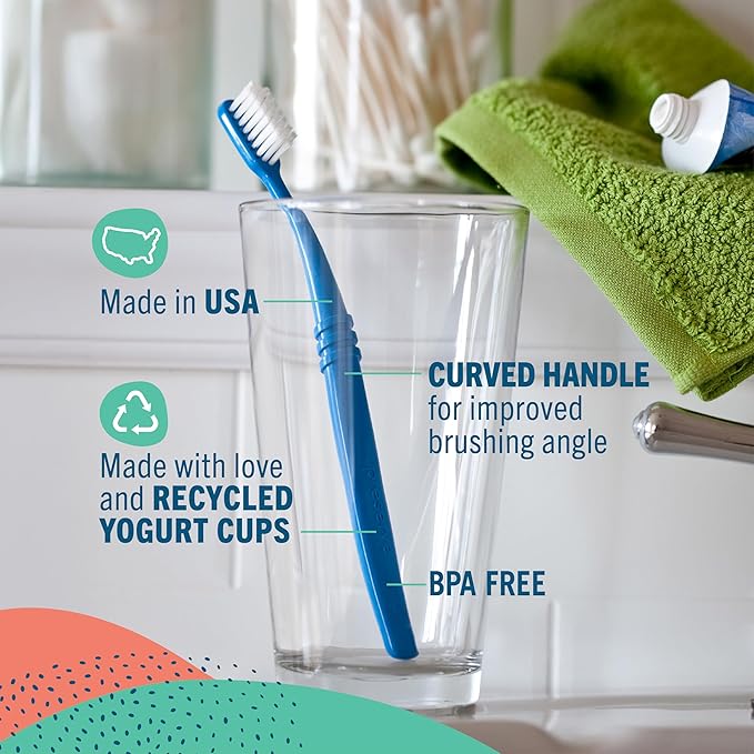 Preserve Eco Friendly Adult Toothbrushes, BPA Free, Made in The USA from Recycled Plastic, Lightweight Toothbrush in Travel Pouch, Medium Bristles Tooth Brush, Colors Vary, 6 Pack