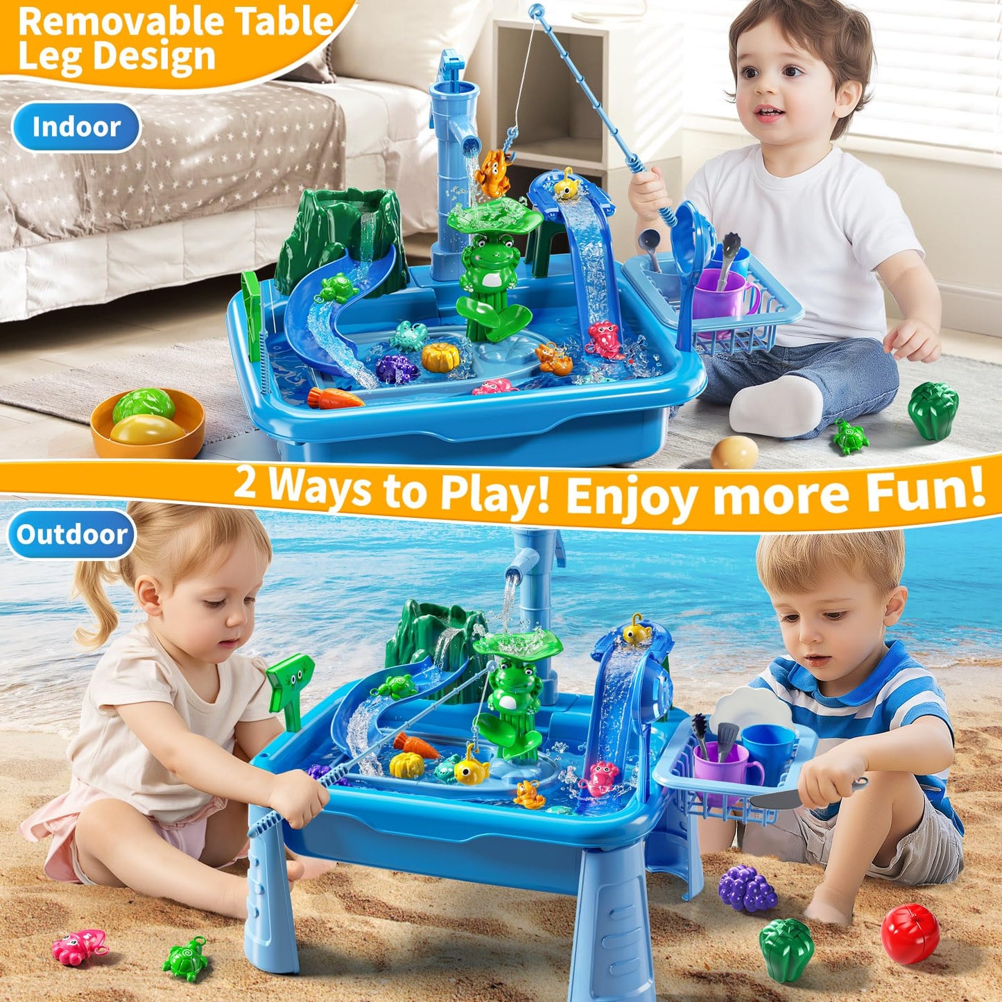 JUKUDAHU Water Table Play Sink Toy for Kids 2 3 4 5 6 Years Old - Outdoor Kitchen with Running Water, Fishing Games, Toddler Water Play Table for Kids Ages 3-8, Beach Outdoor Toys, Summer Gifts