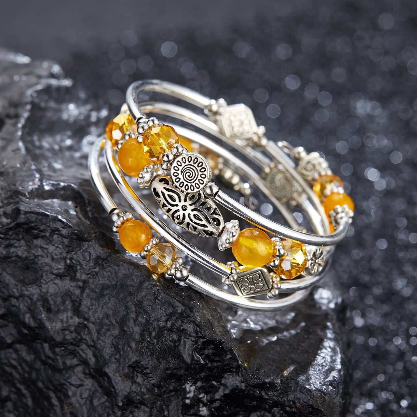 FULU AUTUMN Stackable Beaded Bracelets for Women Boho Wrap Silver Bracelet Layered Fashion Jewelry Gifts for Her(Yellow)