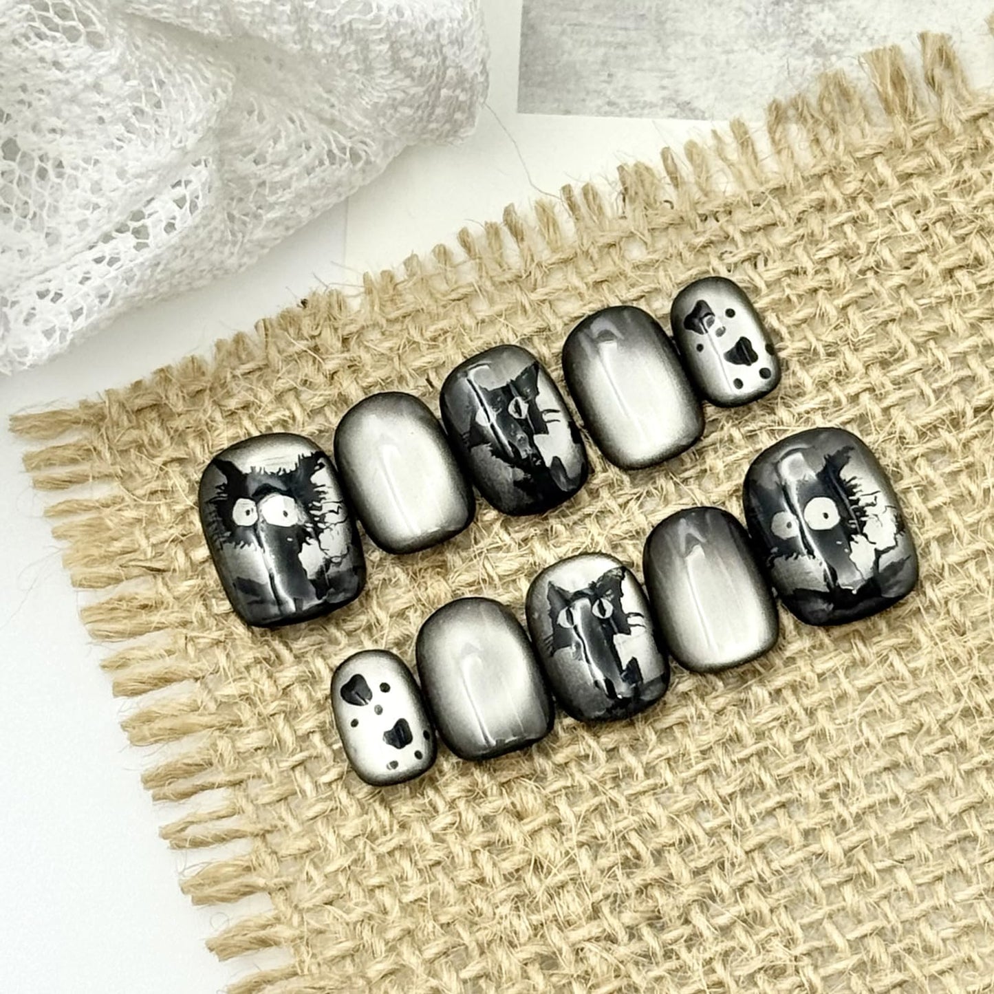 S-Size_Press-On Nails, Short Square Black and Grey with Cat Design, Subtle Office Style