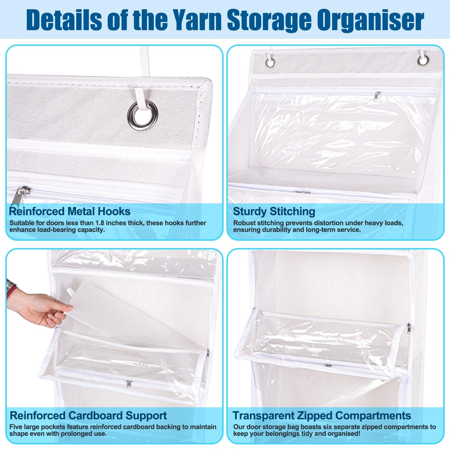 Hanging Yarn Storage Organizer, Large Capacity Knitting Organizer Storage with 6 Zipper Closure Compartments, Transparent Over Door Yarn Storage for Crochet Hook, Knitting Needles and Yarn Balls