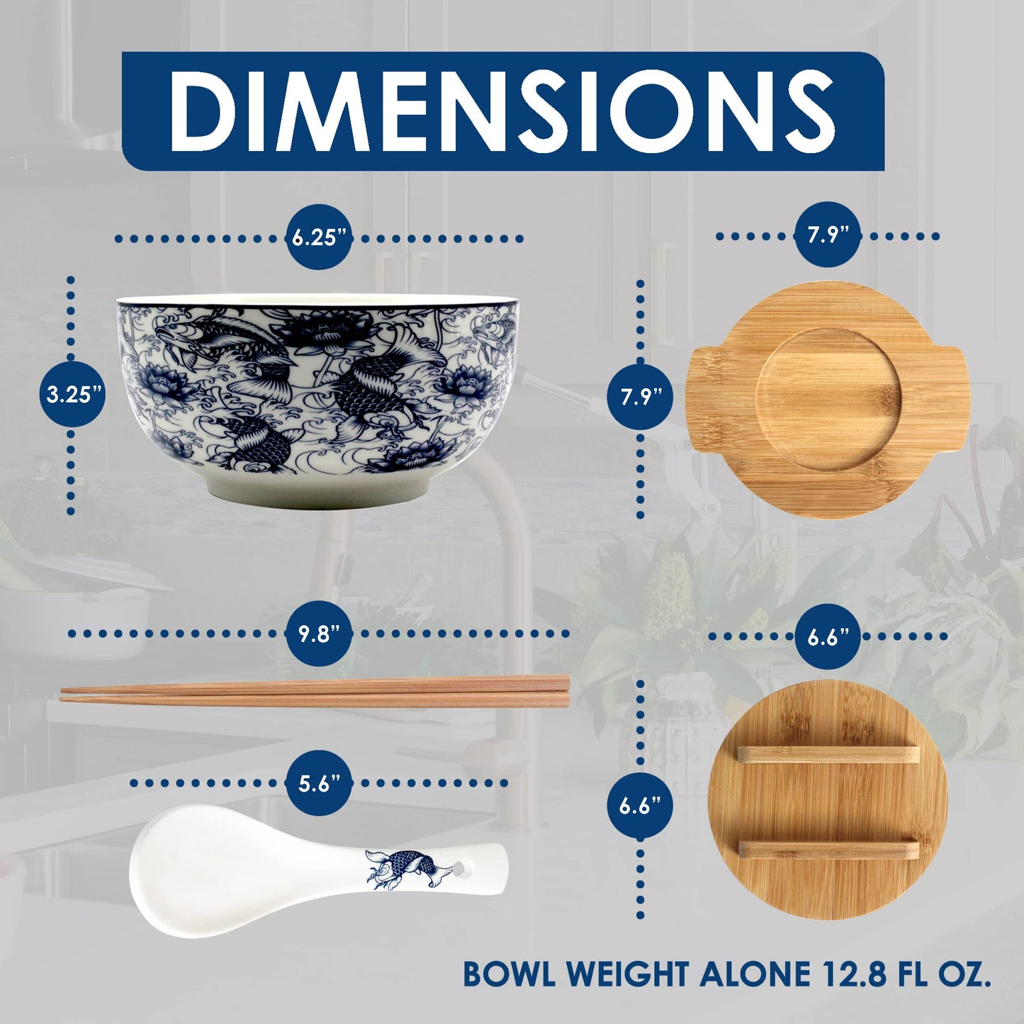XWORLD Japanese Ceramic Ramen Noodle Bowls Set with Ceramic Spoon, Bamboo Chopsticks, Lid & Trivet, Serving Capacity of 33.8 OZ, Microwavable Oven Safety (3.3” x 6.6” D) (Blue Fish)