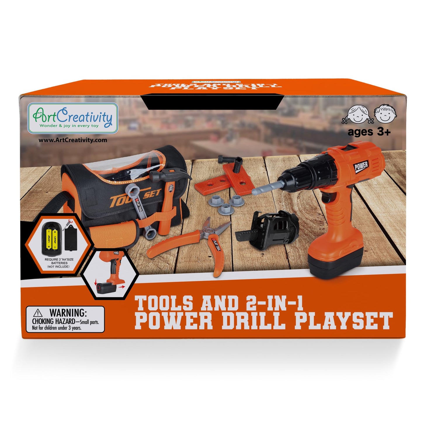 ArtCreativity Power Drill Tool Set for Kids - Pretend Playset with 2-in-1 Toy Drill with Lights, Sounds, Motion - Includes Toy Hammer, Pliers, Bolts, Screwdriver and More - Sturdy Bag for Storage