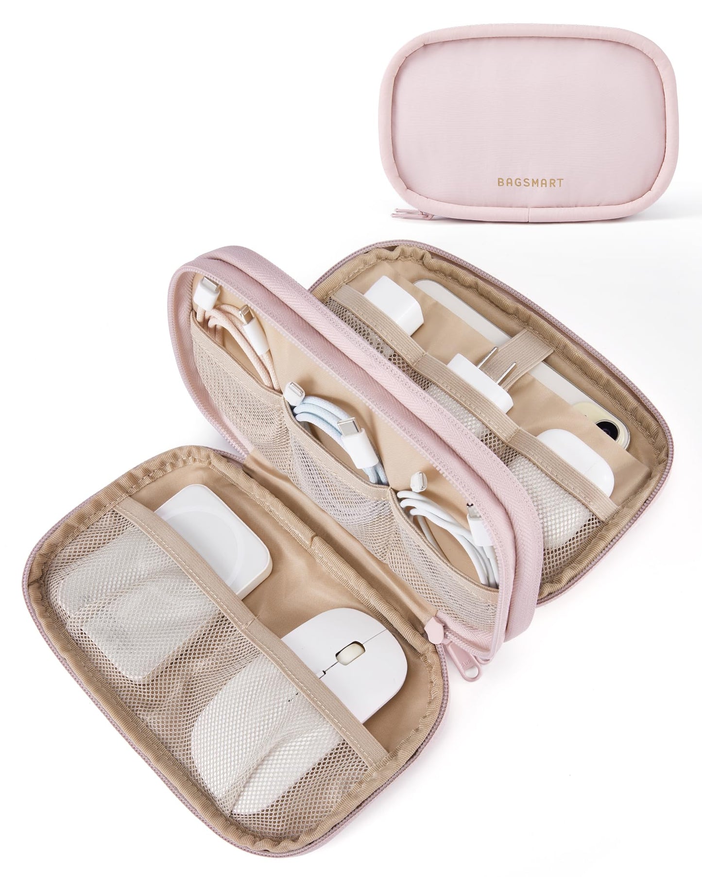 BAGSMART Cord Organizer Travel Cable Bag, Compact Tech Electronic Organizer Travel Case, Essentials for Charger, Cable, Phone, Flash drive, Double Layers (Pink)