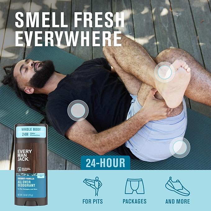 Every Man Jack All Over Deodorant - 24 Hour Whole Body Odor Protection - Aluminum Free - Coconut + Vanilla Scent 2.6 oz (1 Pack)