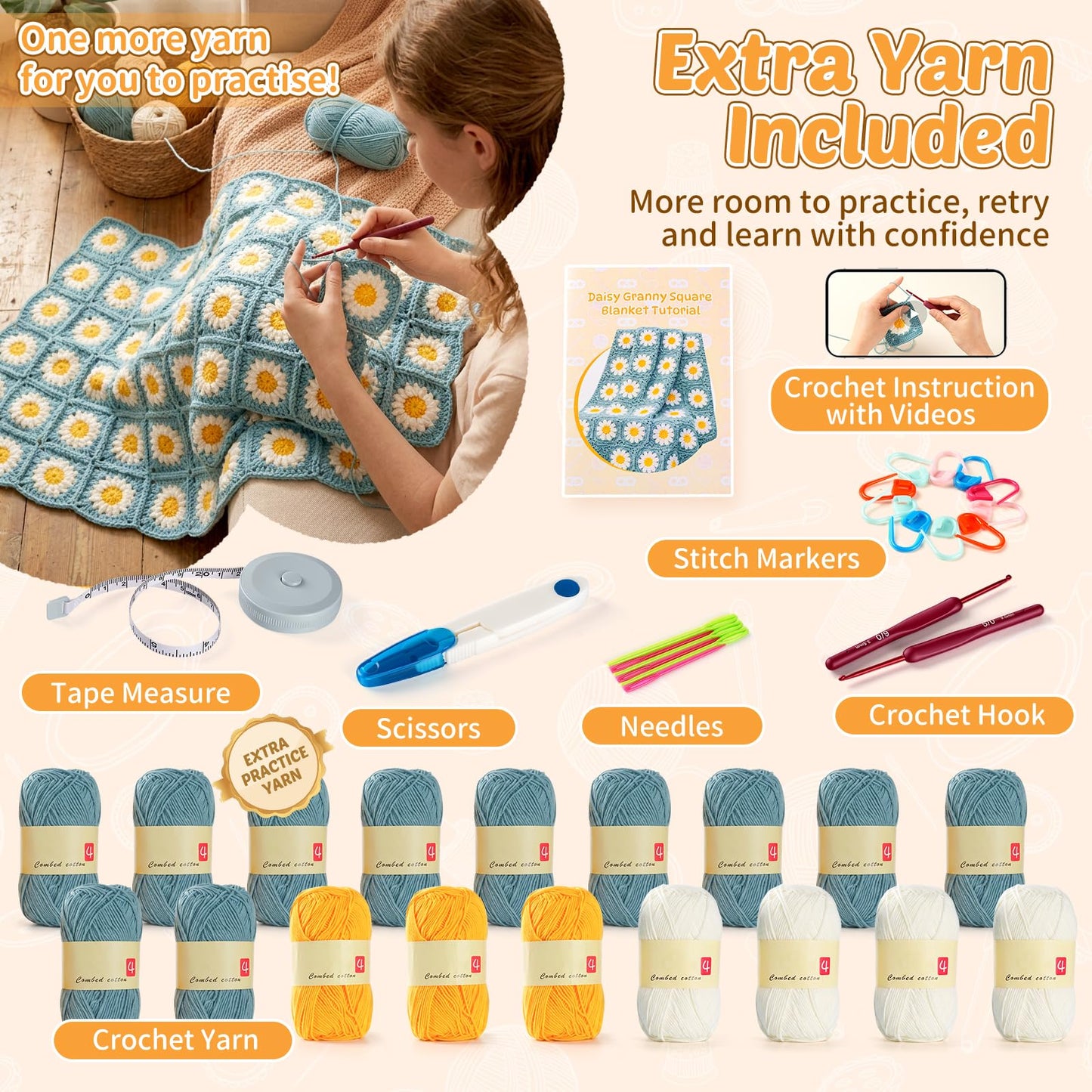 Fitsu Crochet Kit for Beginners, Daisy Granny Square Blanket Crochet Starter Kit with Yarn, Hooks, Step-by-Step Book & Video Tutorials, Easy Learn-to-Crochet Gift Set for Adults and Beginners
