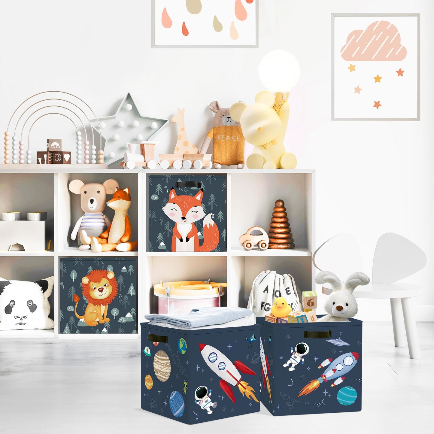Clastyle 3 pcs Cosmic Space Cube Storage Unit Boxes Stars Kallax Box for Shelves Parents Storage Baskets for Book Clothes Toy Organizer, Rocket, 11.8x11.8x11.8 in