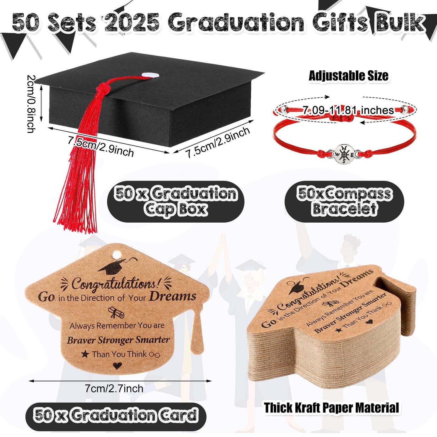 Kenning 30 Sets 2026 Graduation Gifts Bulk Include 30 Compass Bracelets 30 Graduation Cap Boxes with Tassel 30 Congratulation Cards 30 Keychains Party Supplies for Him Her College High School(Red)