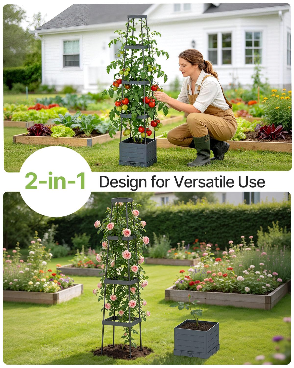 Suteck 1-Pack Raised Garden Bed Planter Box with Trellis, Self-Watering Tomato Planter with Adjustable Height Steel Support Frame for Climbing Plants, Tomato Cages for Patio, Balcony & Outdoor