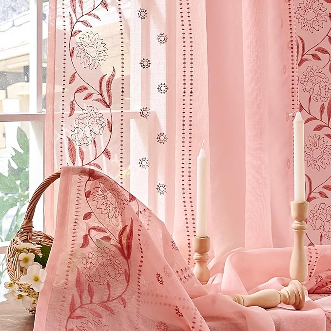 jinchan Winslow Sheer Curtains 63 Inch Length for Dorm Bedroom Bordered Floral Pattern Decorations Short Curtains Light Filtering Window Treatments, 50W x 63L, 2 Panels