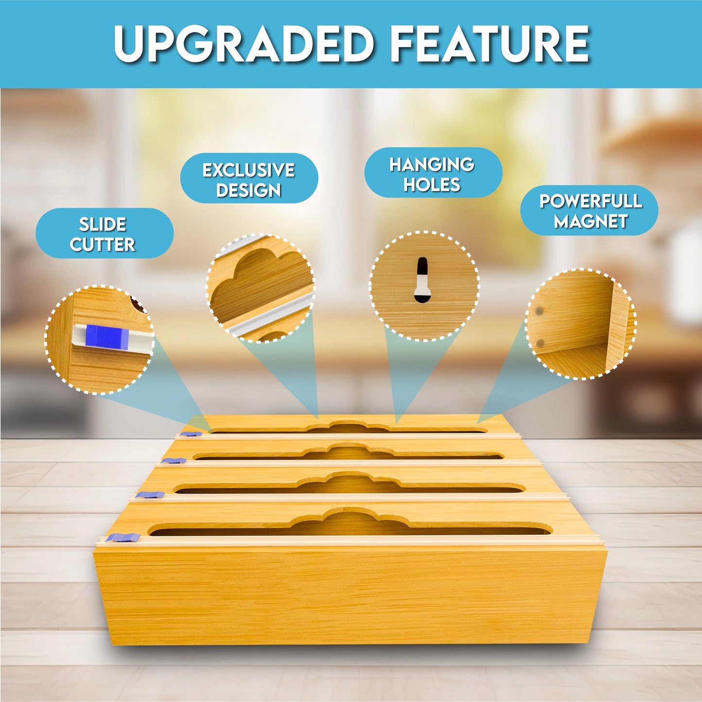 Bamboo Aluminum Foil Organizer & Plastic Wrap Dispenser with Cutter - 4 in 1 Parchment, Wax Paper & Saran Wrap Holder - Tin Foil Food Wrap Organizer for Kitchen Drawer, Countertop & Pantry - 11" Rolls