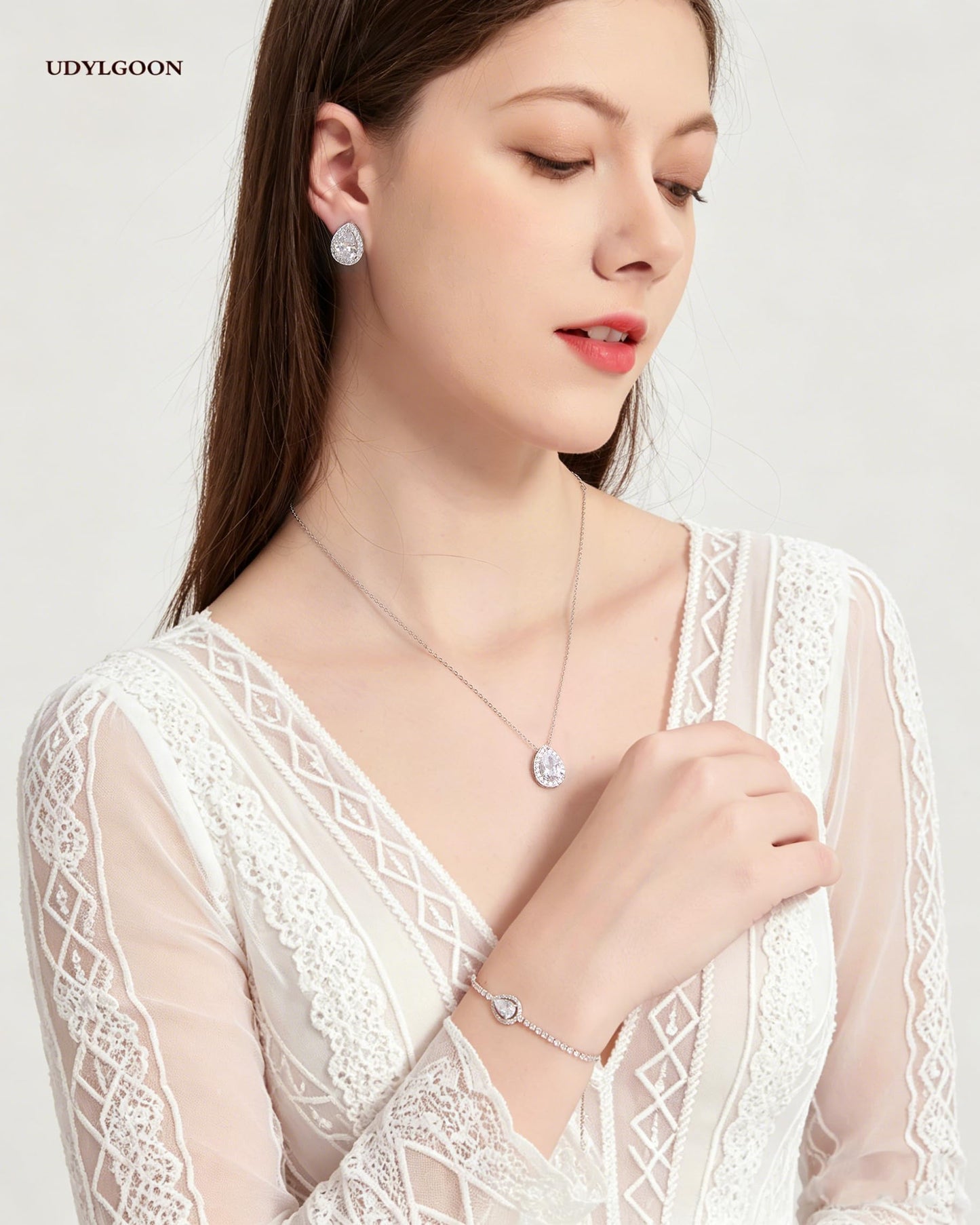 UDYLGOON Teardrop Cubic Zirconia Jewelry Set Necklace Earrings Bracelet Bridal Wedding Jewelry for Women Bridesmaid Prom Party (3 Set - White Gold Plated)