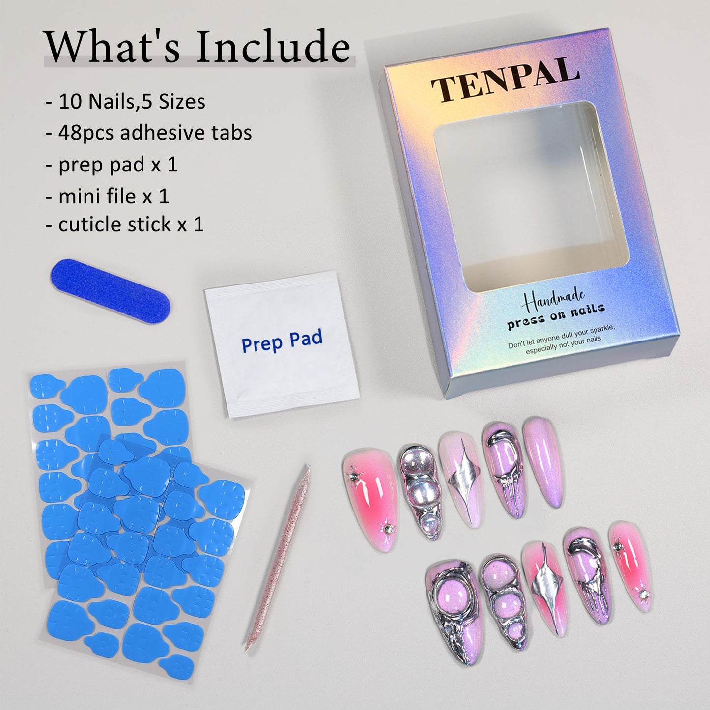TENPAL Handmade Press on Nails Almond,Sweet Cool Fake Nails With Designs,Metal 3D Aurora Nails 10Pcs/Box,Acrylic False Nails Press Ons,y2k False Nails With Glue For Women Girls Gift(L)