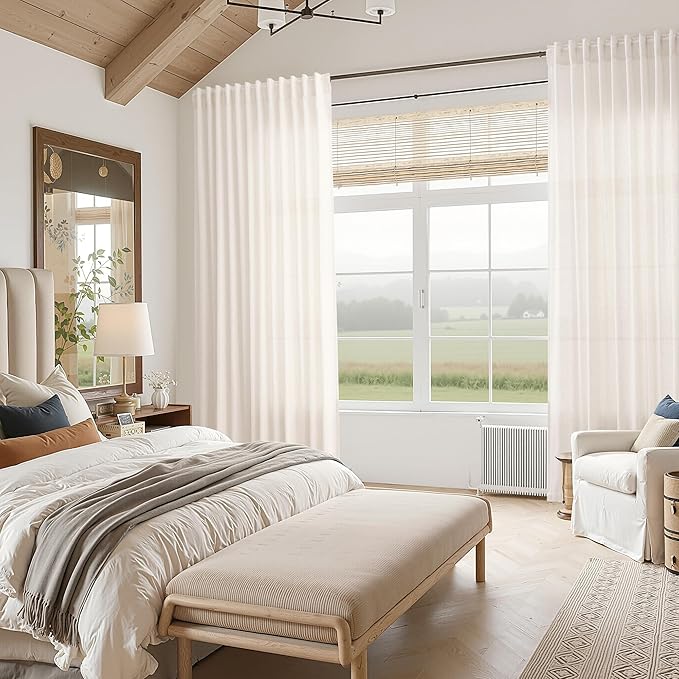 Ivory White Linen Curtains for Living Room 105 Inches Long Light Filtering Semi Sheer Curtain Back Tab Rustic Luxury Neutral Modern Farmhouse Decor Drapes for Bedroom Dinner Room 52x105, 2 Panels