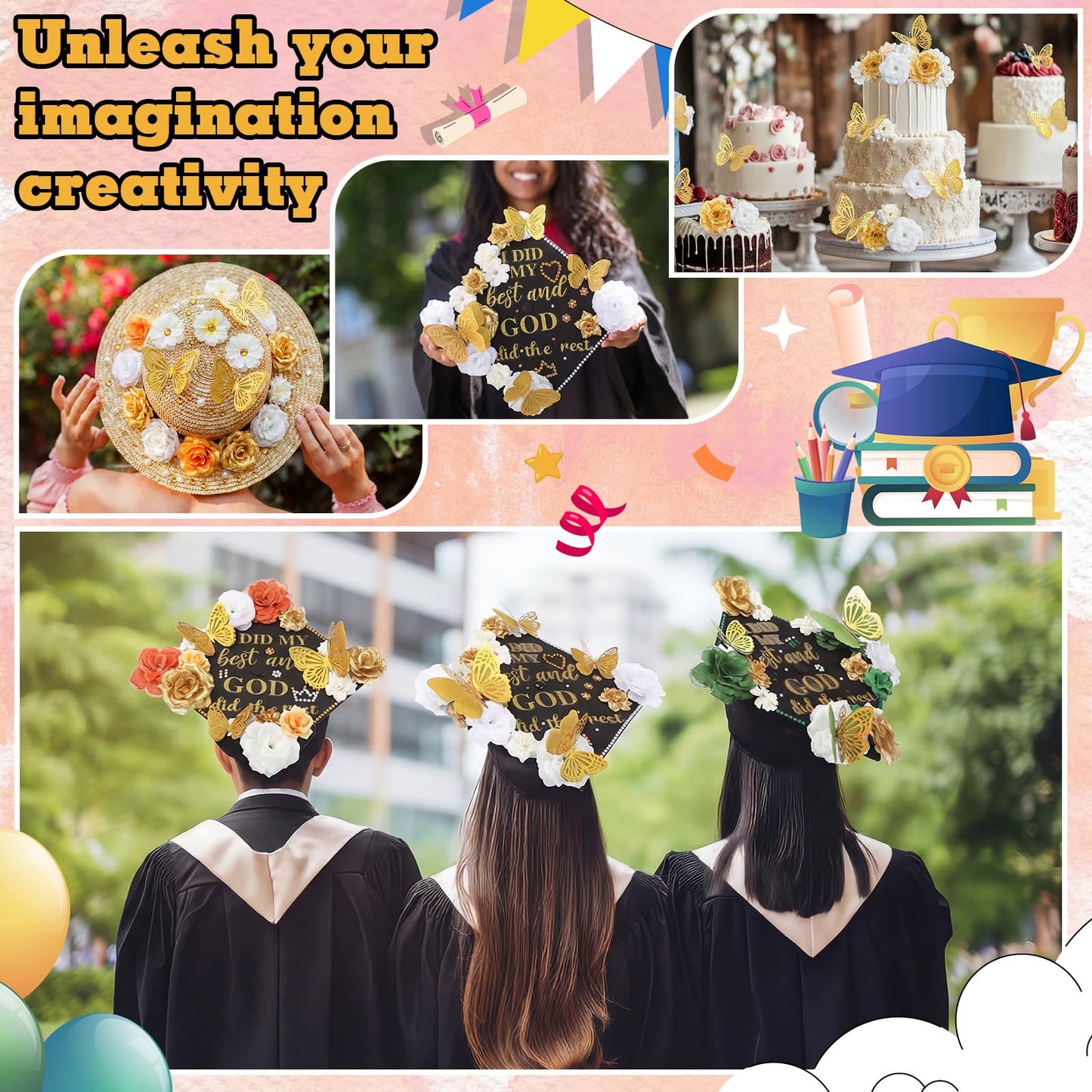 Solsew 35 Pcs DIY Graduation Cap Decorations Kit, Include Faux Flower 3D Butterfly Graduation Quote Glitter Sticker Pearl Rhinestone for Grad Hat Topper Cover Craft Gift(Creamy White,Gold,White)