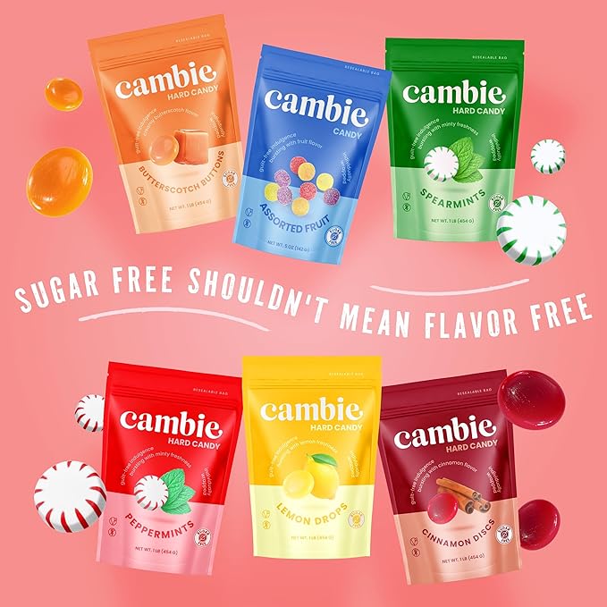 Cambie Sugar Free Lemon Drops, 1 lb of Sugar Free Hard Candy, Individually Wrapped Lemon Drops with a Refreshing & Sweet Citrus Flavor, Packaged Fresh in a Resealable Pouch