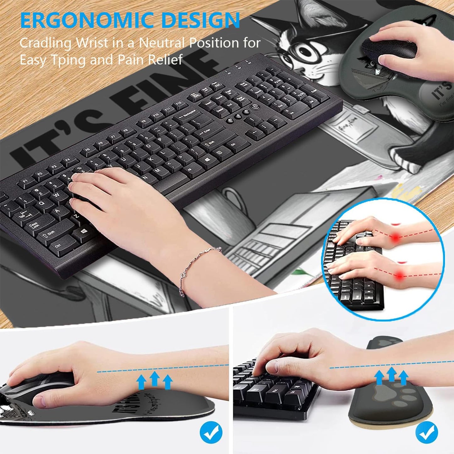 AQQA Funny Keyboard Mouse Pad Set,XXL Mouse Mat+Keyboard Wrist Rest Support, Cat Ergonomic Mouse Pad with Wrist Rest, 4 Pcs Cute Office Desk Accessories,35.4×15.7 in