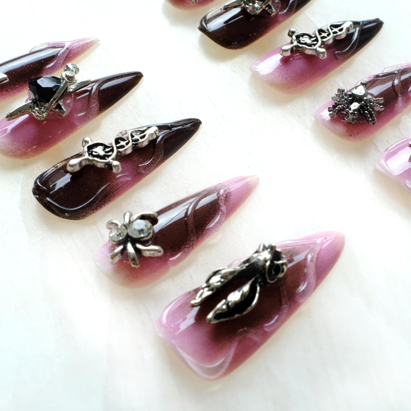 GLORS Gothic Press-On Nails, Pink to Black Ombre, Stiletto Shape with 3D Halloween Charms, Handmade False Nail 10 Pieces (Small, LS)