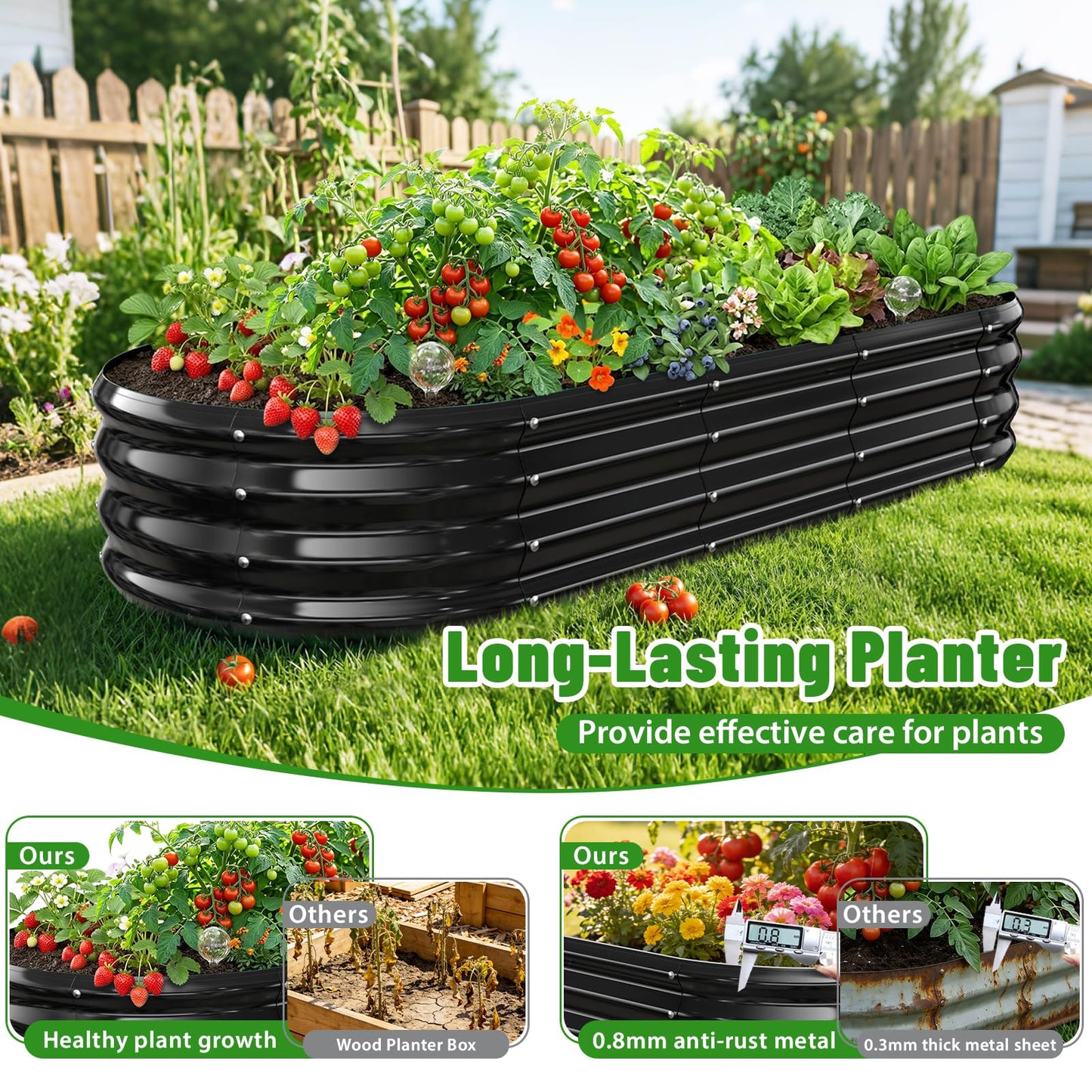 VAMFUTRE Oval Raised Garden Bed, 5 x 2 x 1FT, Galvanized Steel Planter Box with Wave-Shaped Metal Panels Painted for Outdoor Flower,Tree,Herb & Vegetable Garden (Black, 60X24X12 inches)