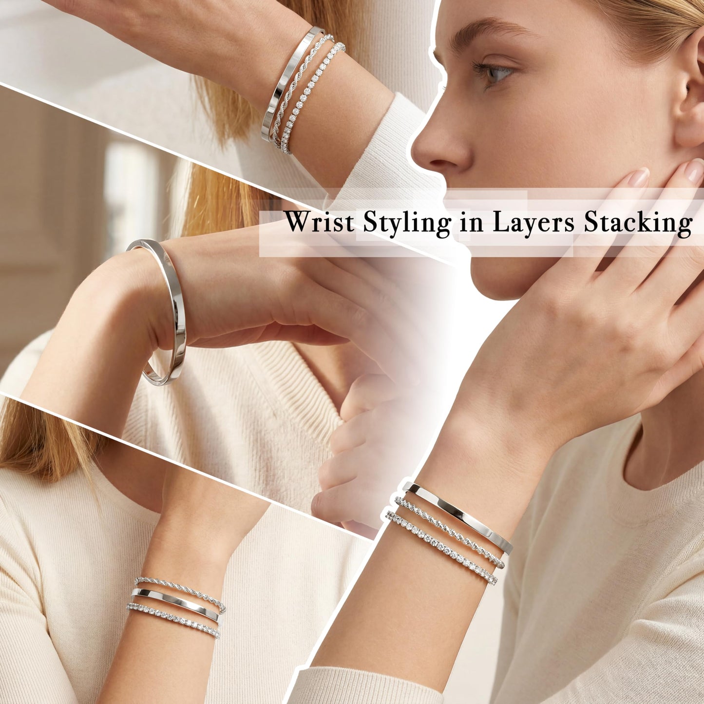Poxtex Silver Cuff Bracelets Set for Women - 3 Pcs Stackable Open Bangles, Cubic Zirconia Tennis, Stardust & Thin Polished Band, Non Tarnish Stainless Steel Jewelry Gifts
