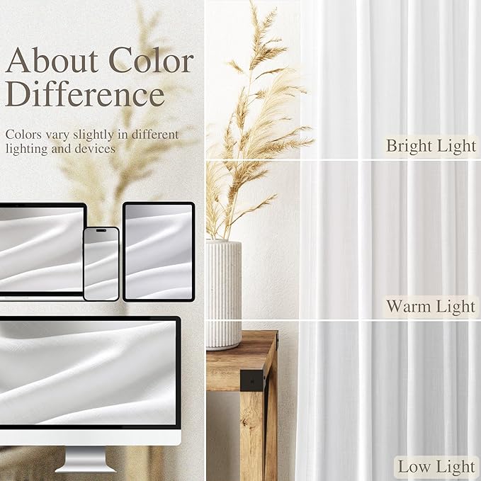 Linen White Curtains 145 inch Extra Long for Living Room Back Tab Light Filtering Semi Sheer Drapes Modern Farmhouse Coastal Decor Cotton Textured Curtain for Floor to Ceiling High Window 52x145