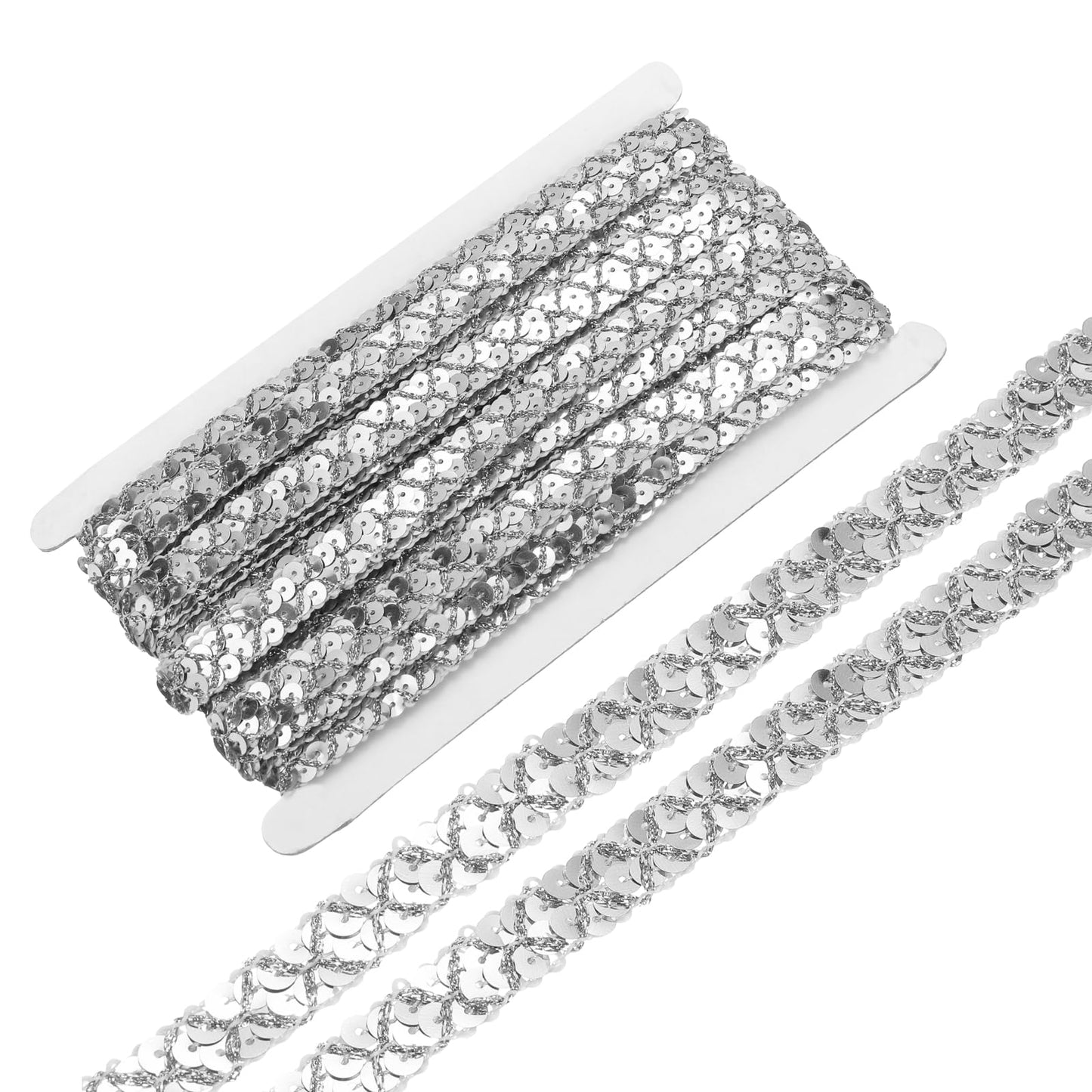 MECCANIXITY 14 Yard Sequins Beaded Lace Trim 2 Row 0.6 Inch Sequin Braid Trim Strip Paillette Sequins Ribbon Trim for Crafts, Embellishments, DIY Sewing Costume Silver