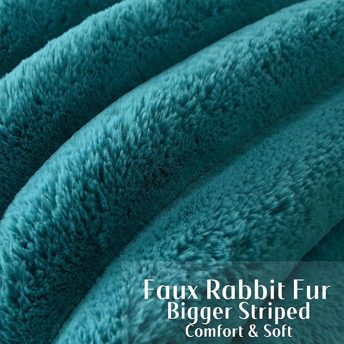 FUTEI Teal Decorative Throw Pillow Covers 16x16 Inch Set of 2, Square Soft Faux Rabbit Fur Thick Striped Cushion Cover,Winter Home Decor for Couch Bed Living Room