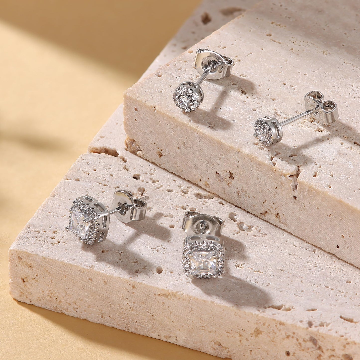Hayoso Cubic Zirconia Stud Earrings for Women Men Sterling Silver Earring Post Hypoallergenic 14k Gold Plated Round&Square Earrings Silver2