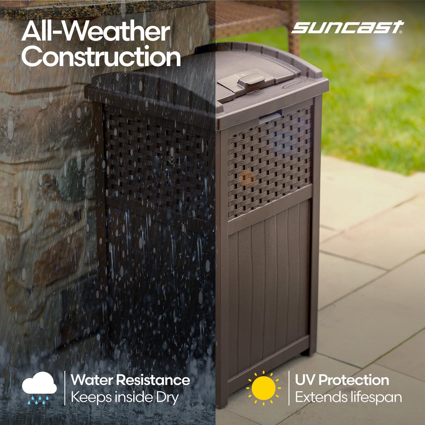 Suncast 33 Gallon Commercial Outdoor Trashcan Hideaway with Lid for 30 to 33 Gallon Trash Bags for Garage, Backyard, or Garden, Brown