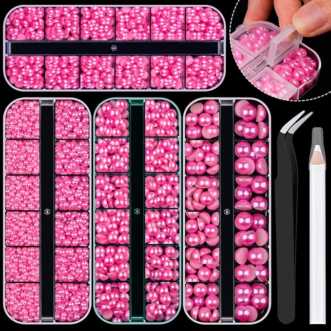 4 Boxes Flat Back Pearls Kit 12 Flatback Peach Half Round Pearls 3-10mm with Pickup Pencil and Tweezer for Home DIY and Professional Nail Art, Face Makeup and Craft