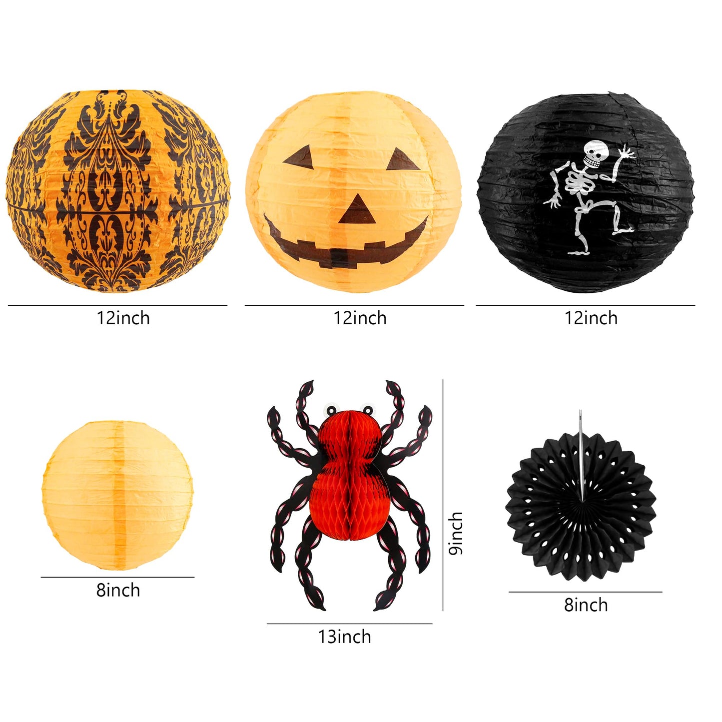 12 Pcs Halloween Hanging Decorations Paper Lanterns, Jack-o'-Lanterns Spider Skeleton Pumpkin for Indoor Outdoor Home Decor, Party Supplies, Yard - 12" & 8"