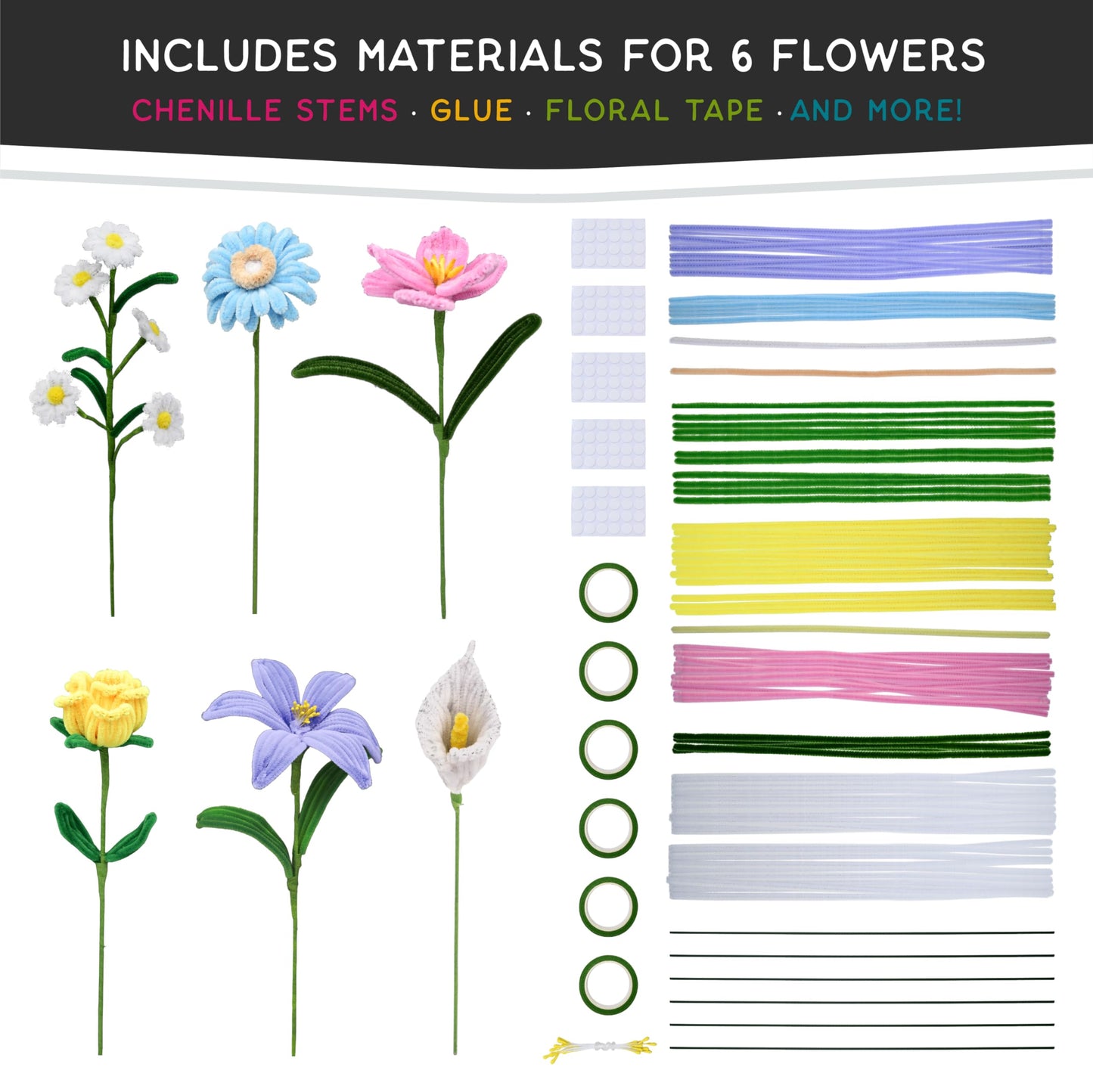 WeVeel Chenille Stem Flower Craft Kit for Adults – Create 6 Colorful Blooms (Lily, Rose, Calla Lily, Tulip, Gerbera & Daisy) – Relaxing DIY Arts & Crafts Kit with All Supplies