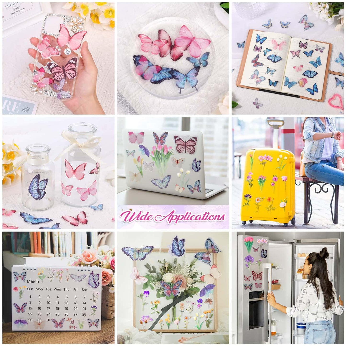 401Pcs Transparent Flower and Butterfly Stickers, Clear Floral Scrapbook Stickers Supplies for Journal Planner Notebook Resin Card Making Laptop Cell Phone Decorating