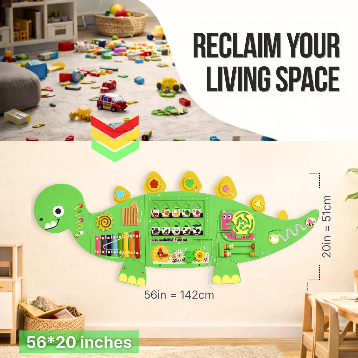 AthomBear Dinosaur Wall Busy Board with 12 Activities - Wall Toys for Toddlers 2,3,4,5 - Sensory Panel Wooden - Montessori Busy Board Learning Activity Center for Playroom and Classroom