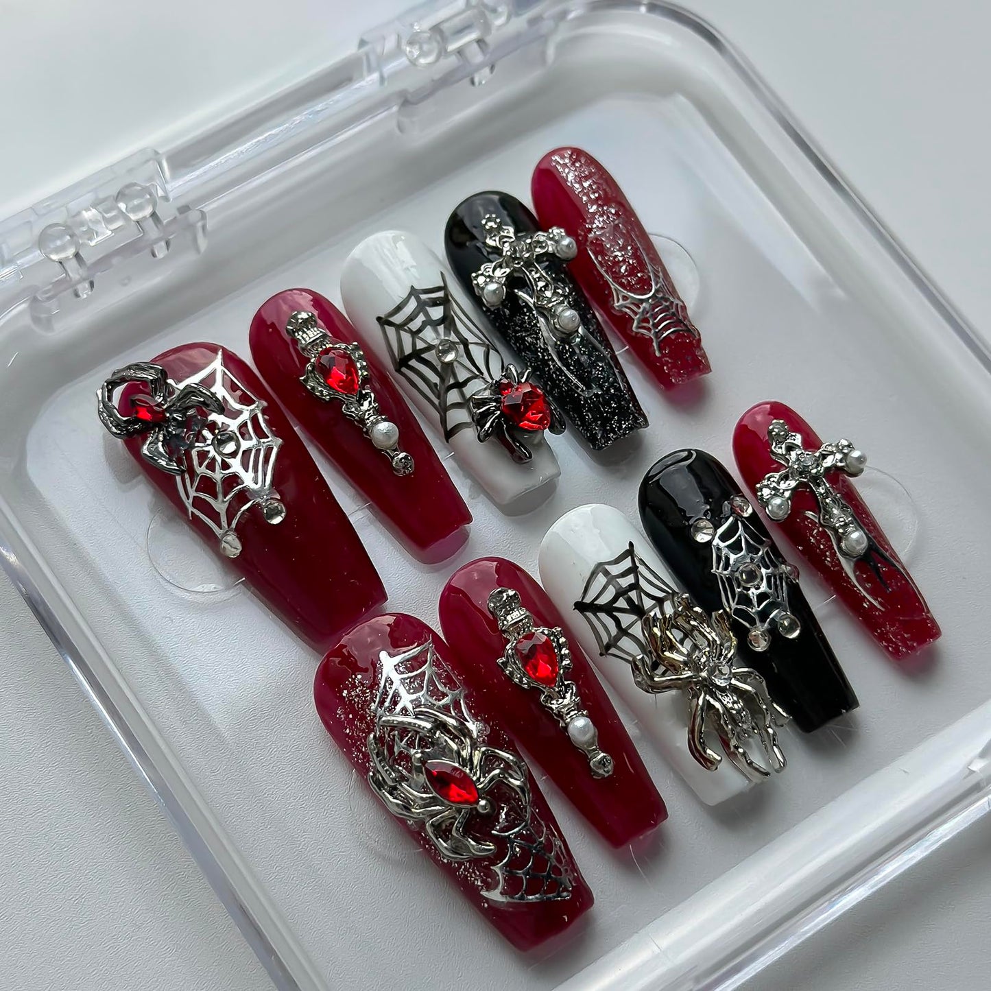 Luxury Halloween Press on Nails Medium Coffin Handmade 3D Unique Reusable ABS Material Fake Nails Gothic False Nails with Designs Spider Charms Spider Web Glossy Glue on Nail Thick Acrylic Nail(M)